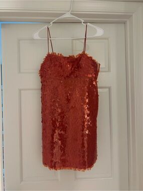 Sequin Spaghetti Strap Mini Dress in Shimmering Red